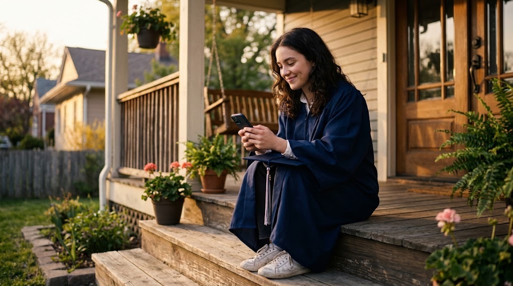 Graduation gifts that last: a graduate sitting on a porch step watching a video message