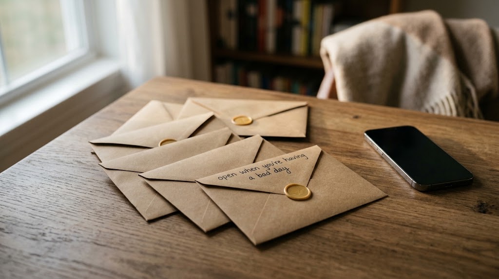 Open When letters for long distance couples: a stack of sealed envelopes labeled with different occasions