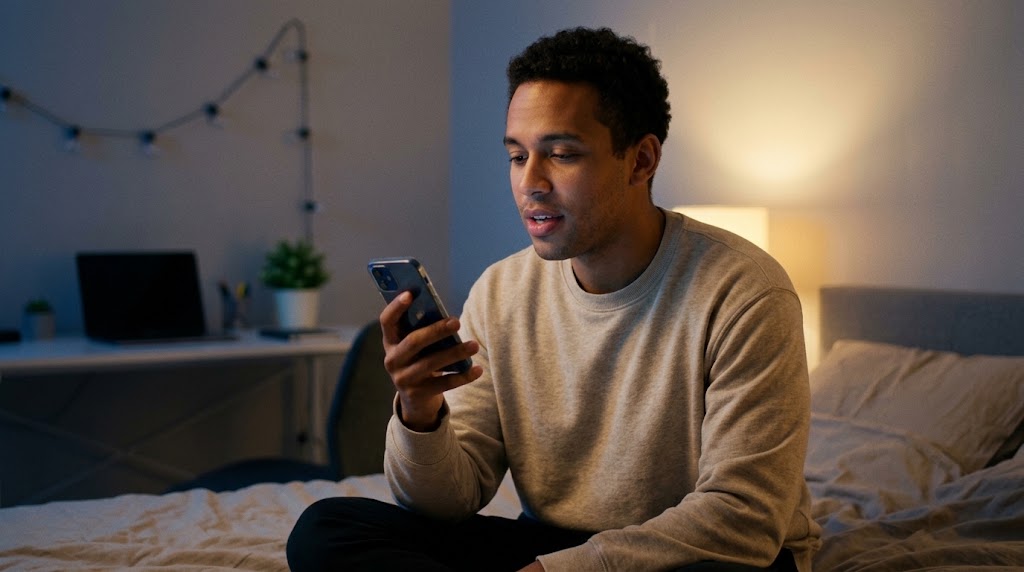 Prompts for writing a message to your future self: a young adult recording a video message on their phone