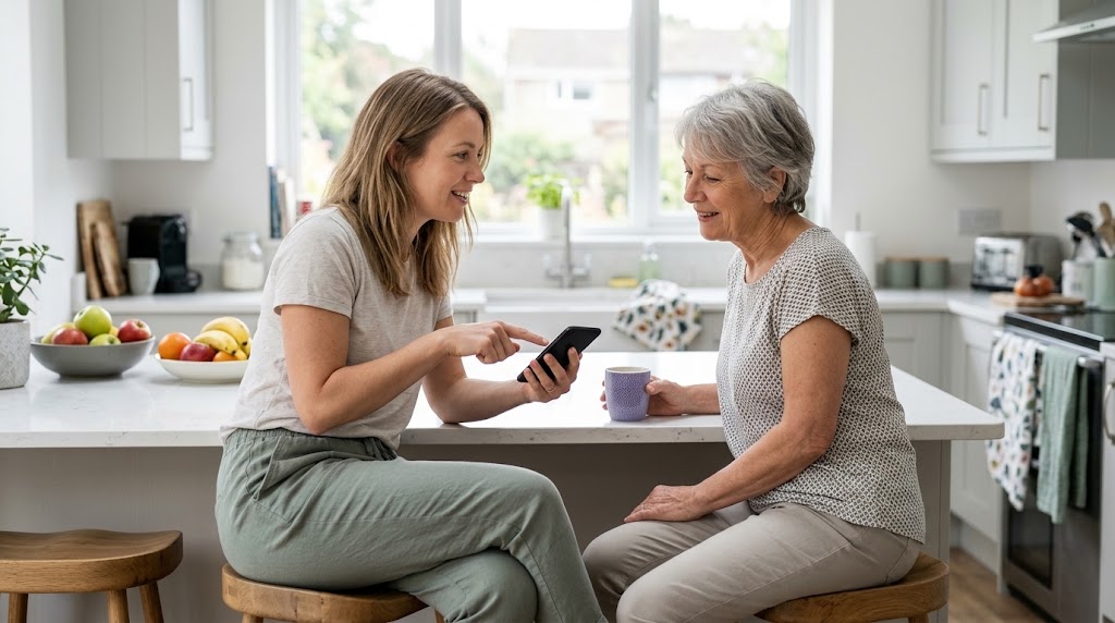 A mother and adult daughter in conversation at a kitchen counter