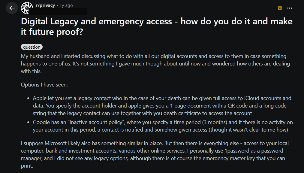 A Reddit thread from r/privacy discussing digital legacy and emergency access planning