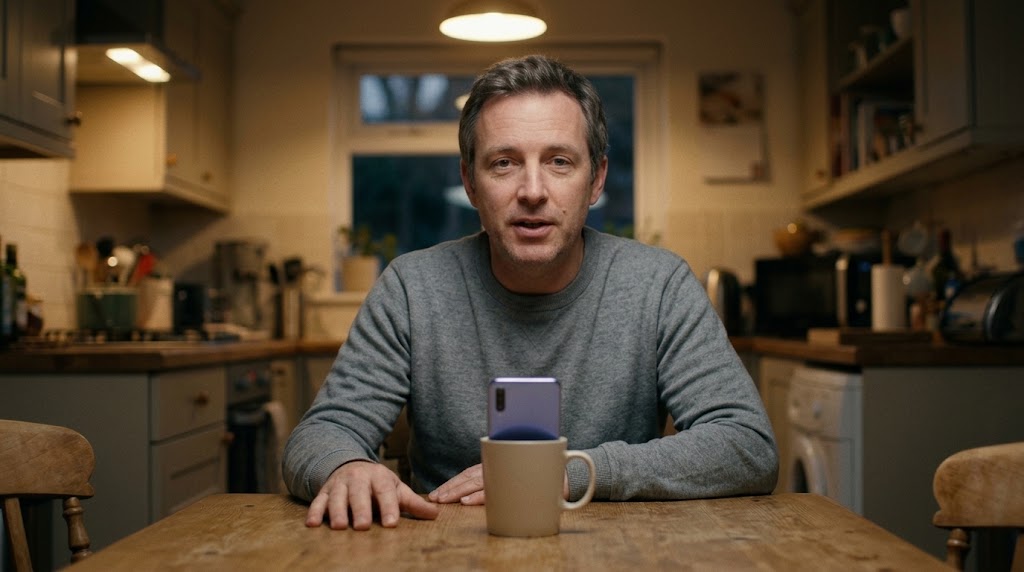 A person recording themselves on a phone at a kitchen table, calm and deliberate